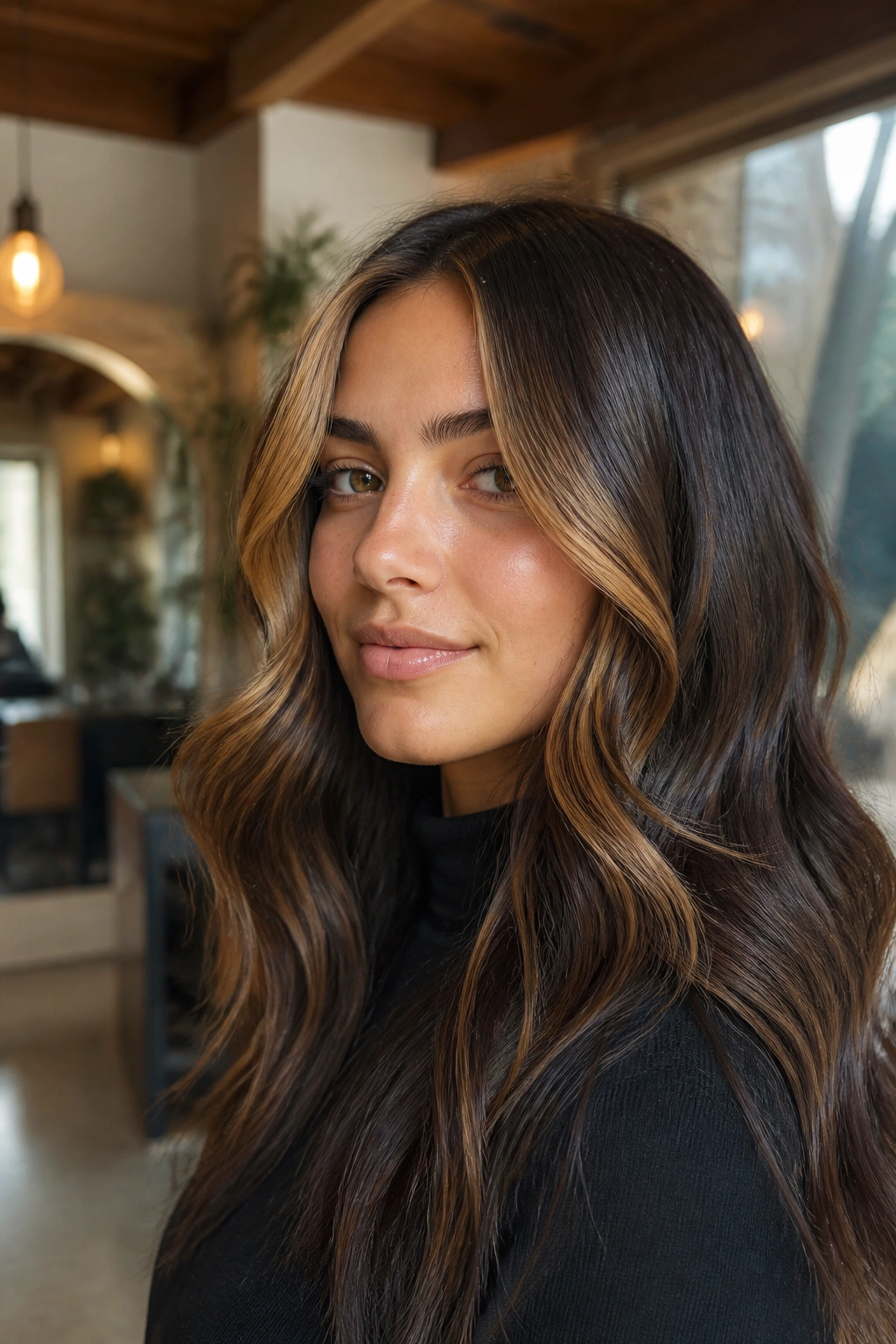 Close-up of a real woman with caramel money piece framing dark brown hair