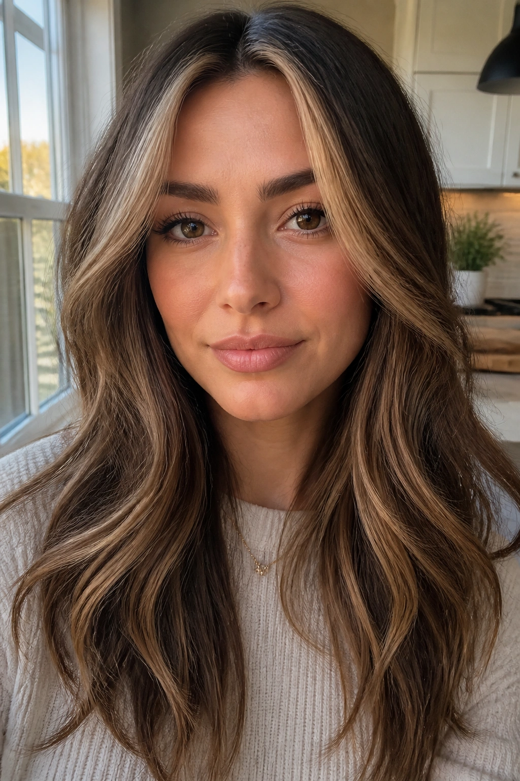Woman with soft caramel money pieces on a dark root framing her face