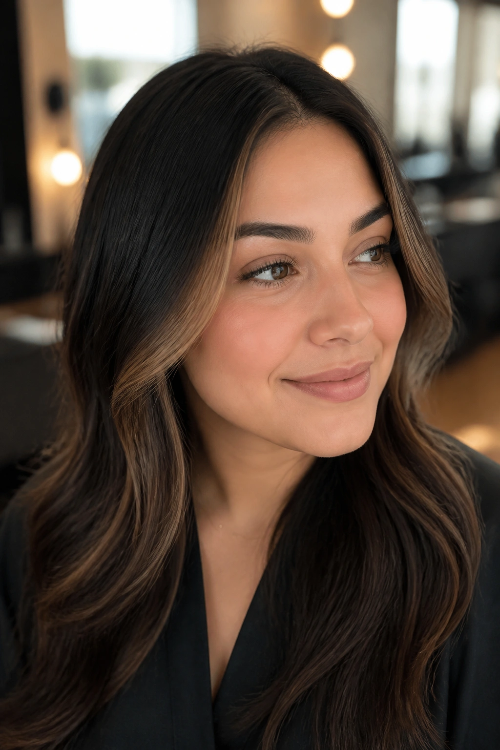Close-up portrait of a real woman with a soft caramel money piece framing the face