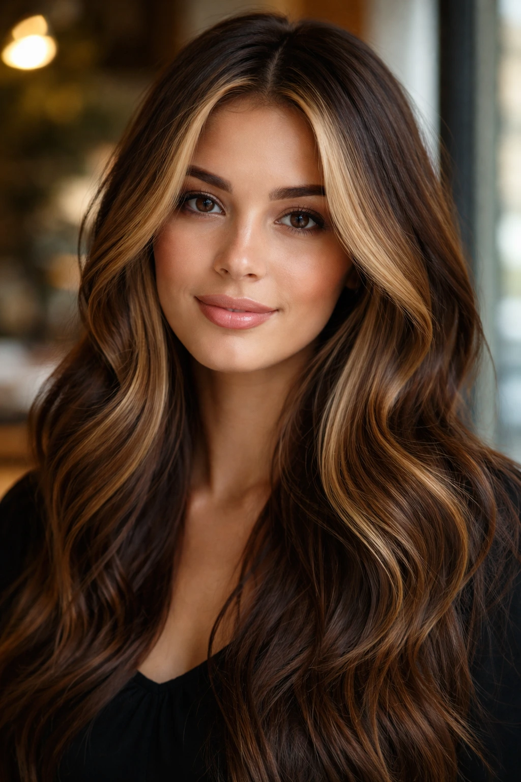 Face-framing caramel money piece with subtle back lowlights on brunette