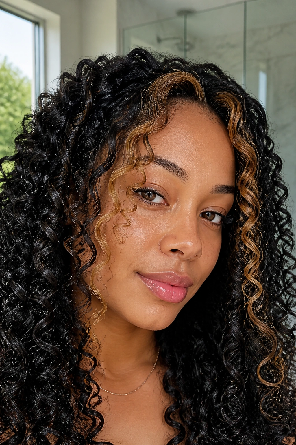 Close-up of a real woman with black hair and caramel face-framing pieces, curls filling the frame