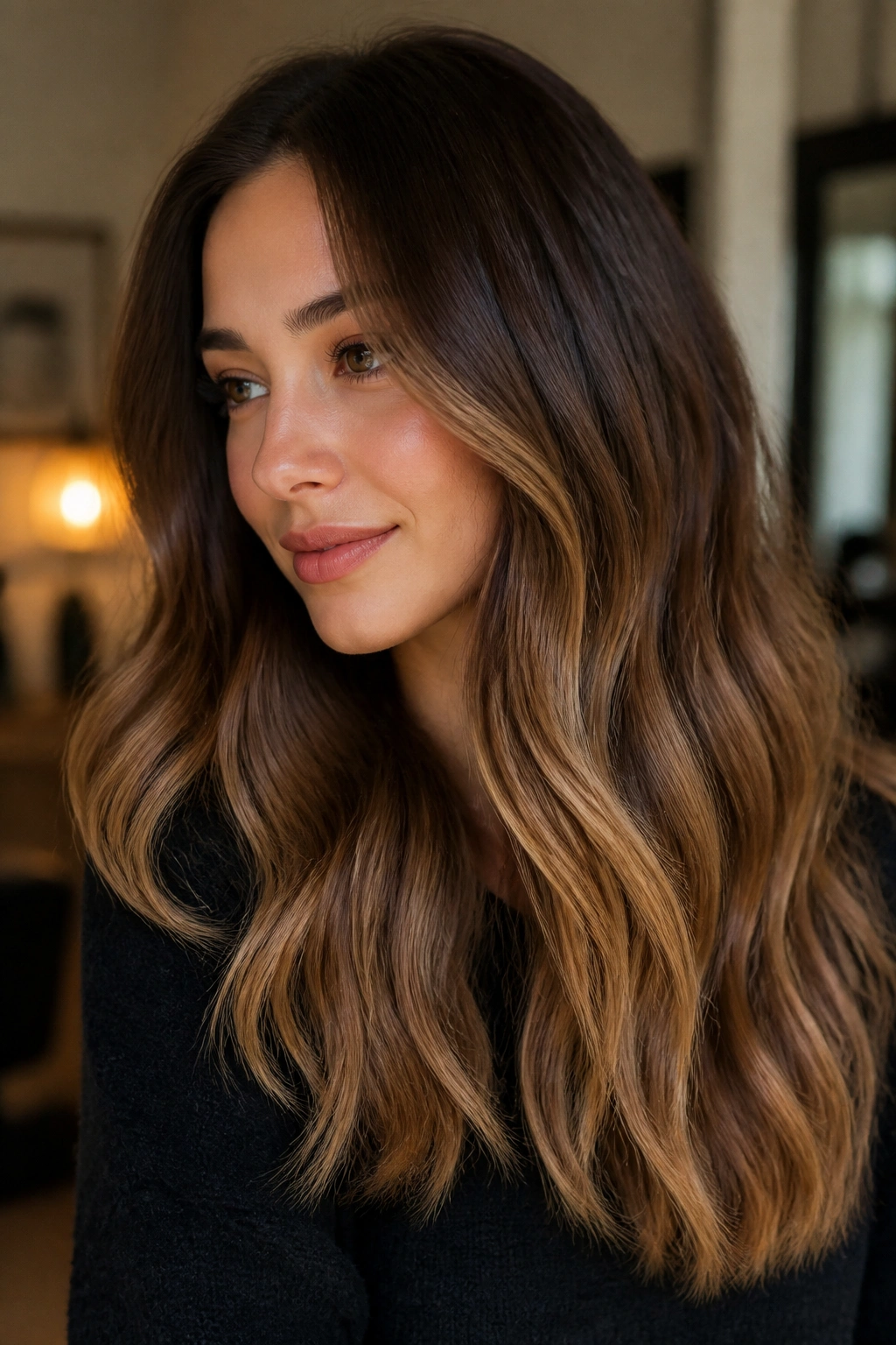 Close-up of a real woman with caramel ombré on brown hair
