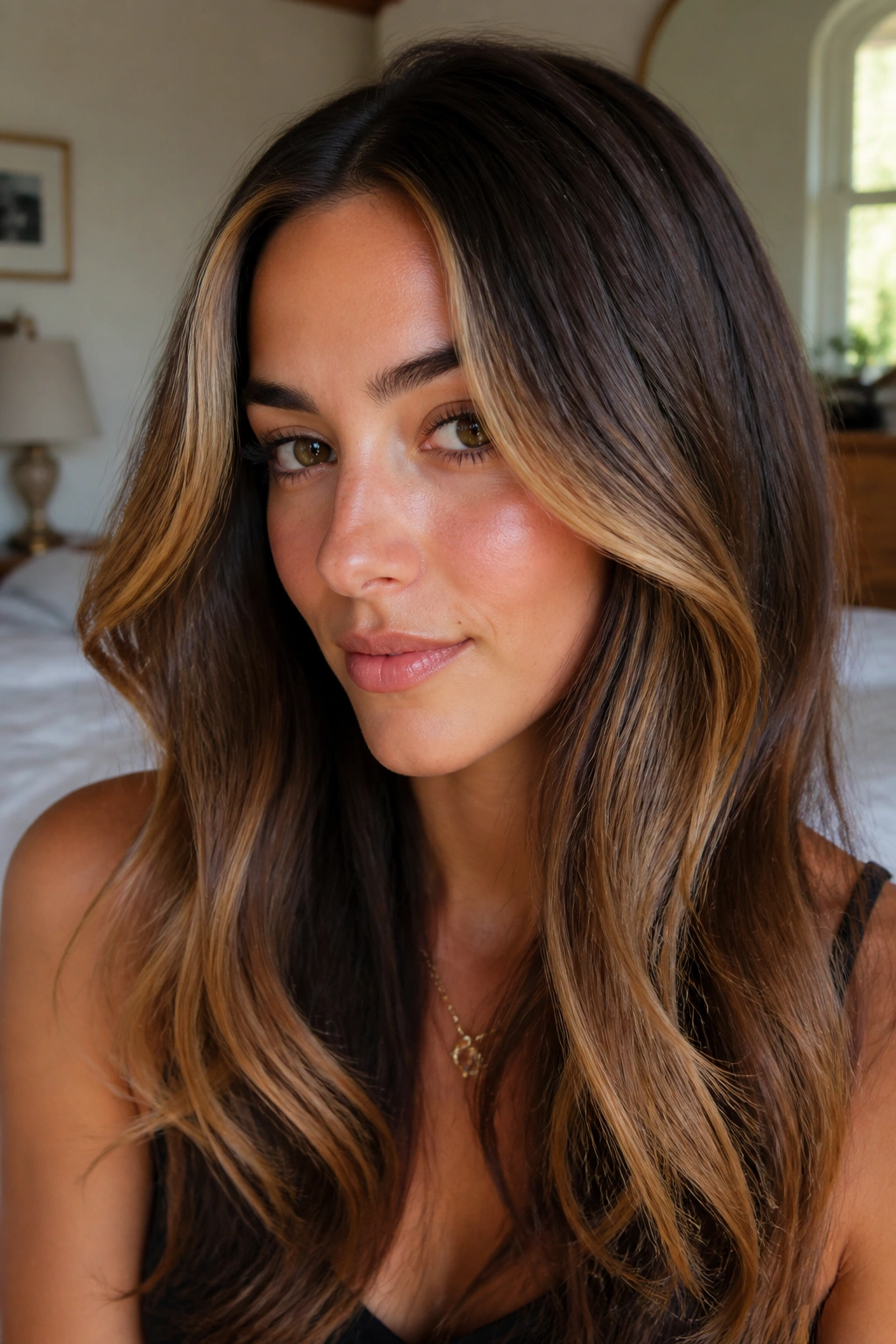 Close-up portrait of a real woman with chunky caramel-ombre front pieces and long waves