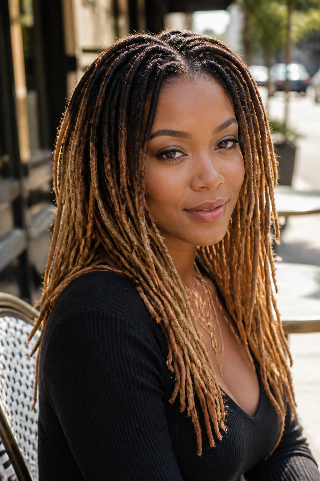 Portrait of a woman with caramel ombre locs and dark roots outdoors