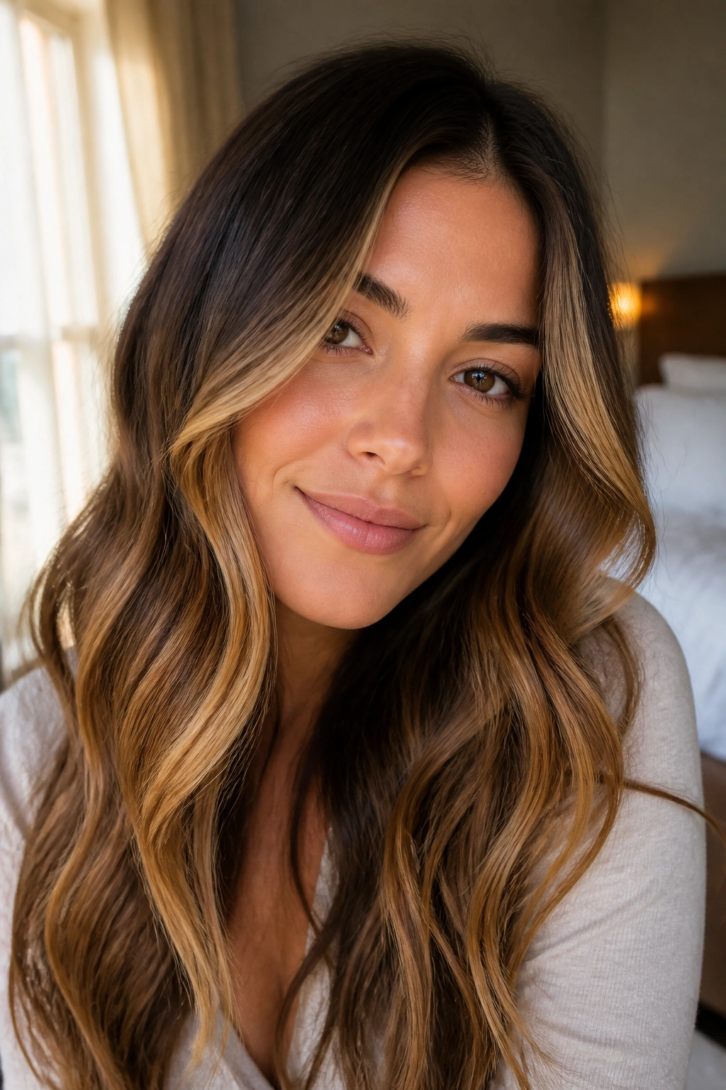 Close-up of a real woman's long hair with a soft face-framing caramel ombre in warm window light