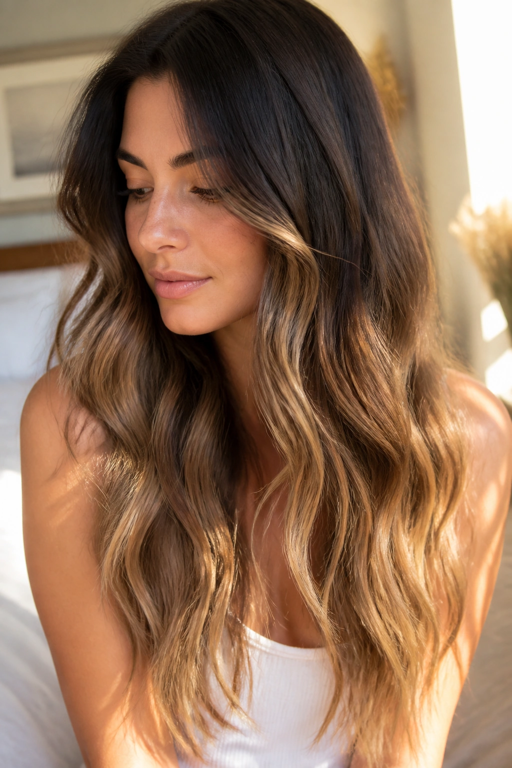 Close-up of a real woman with long hair in a soft caramel ombre melt from roots to ends