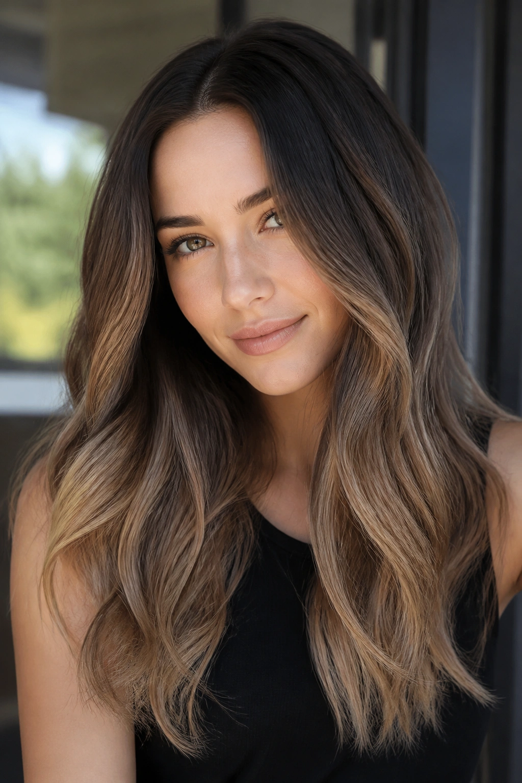 Close-up of long hair with caramel ombré and neutral ends.