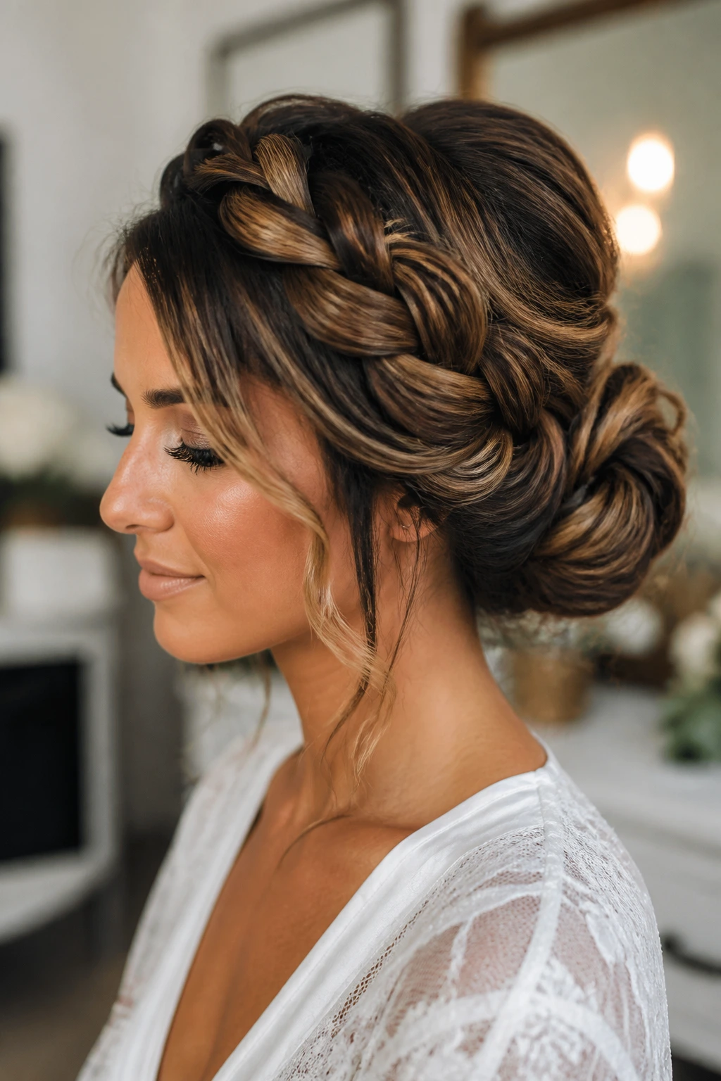 Close-up of updo with warm caramel panels visible in braids