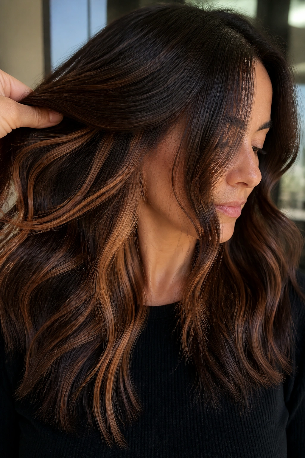 Close-up of a real woman with caramel peekaboo panels hidden under the brown top layer