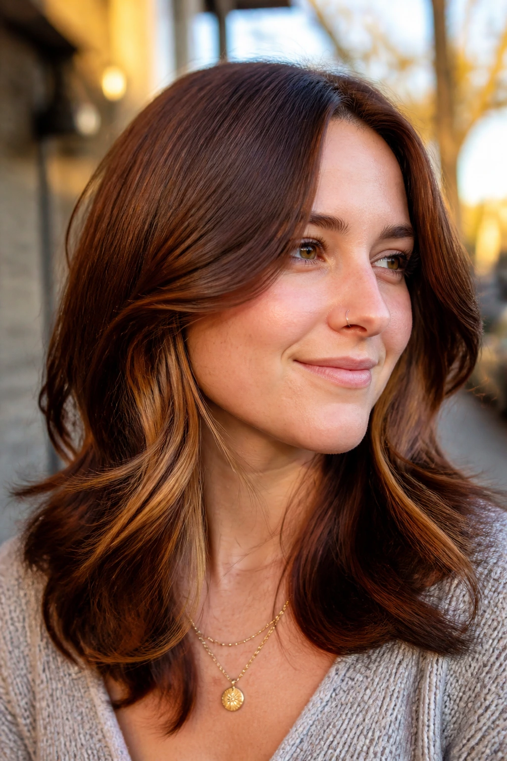 Close-up portrait of a real woman with warm mahogany brown hair and caramel peekaboo panels