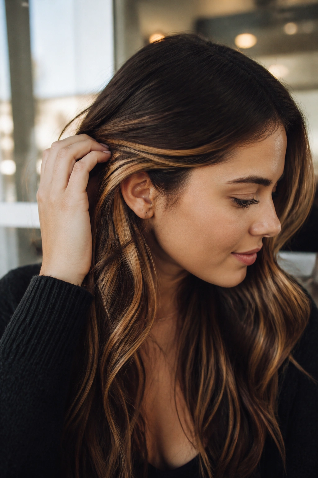 Hidden caramel under top layer peeking through around the ear on brown hair.