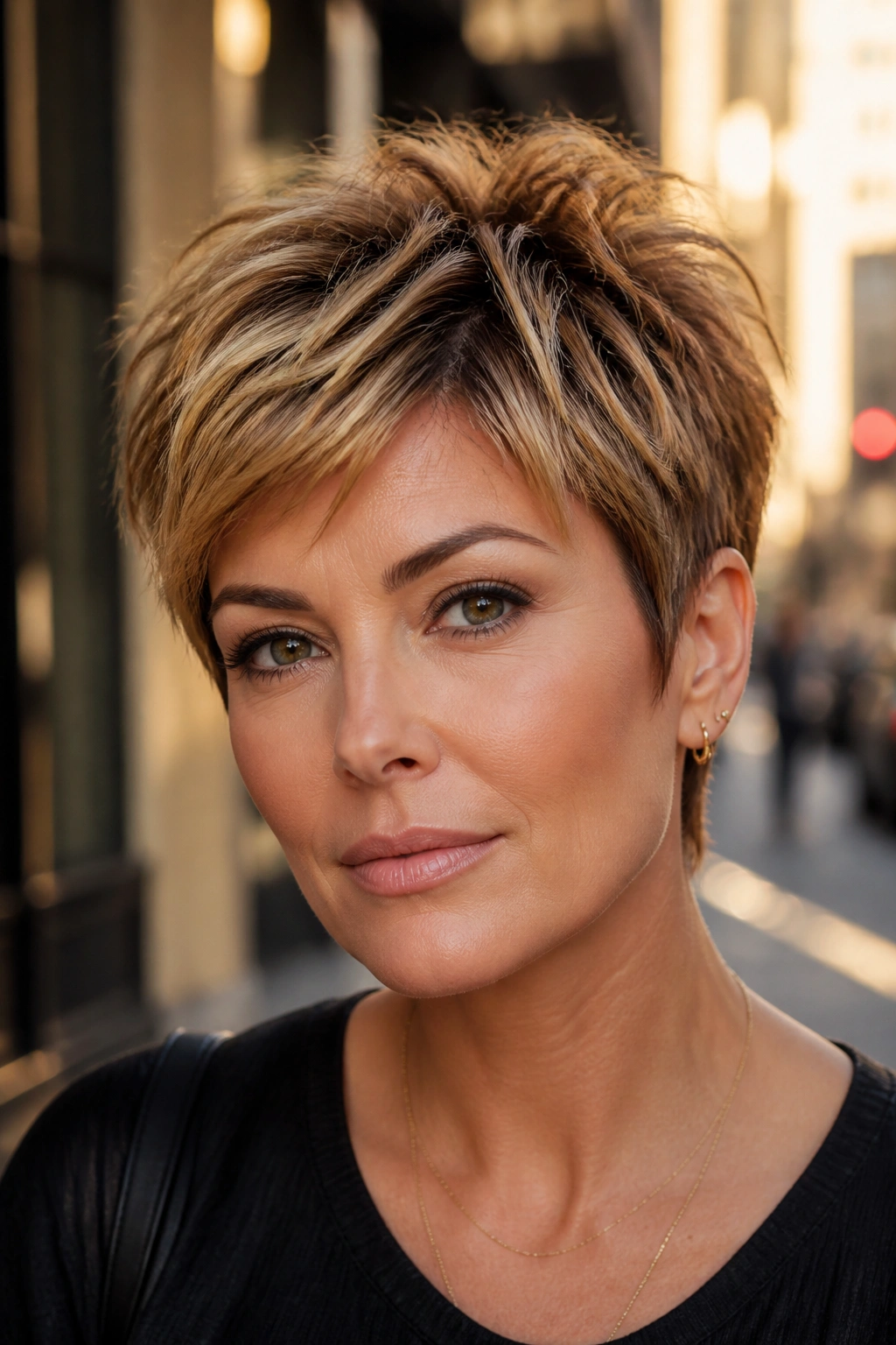 Close-up of a real woman with caramel root-shadow pixie crop showing depth