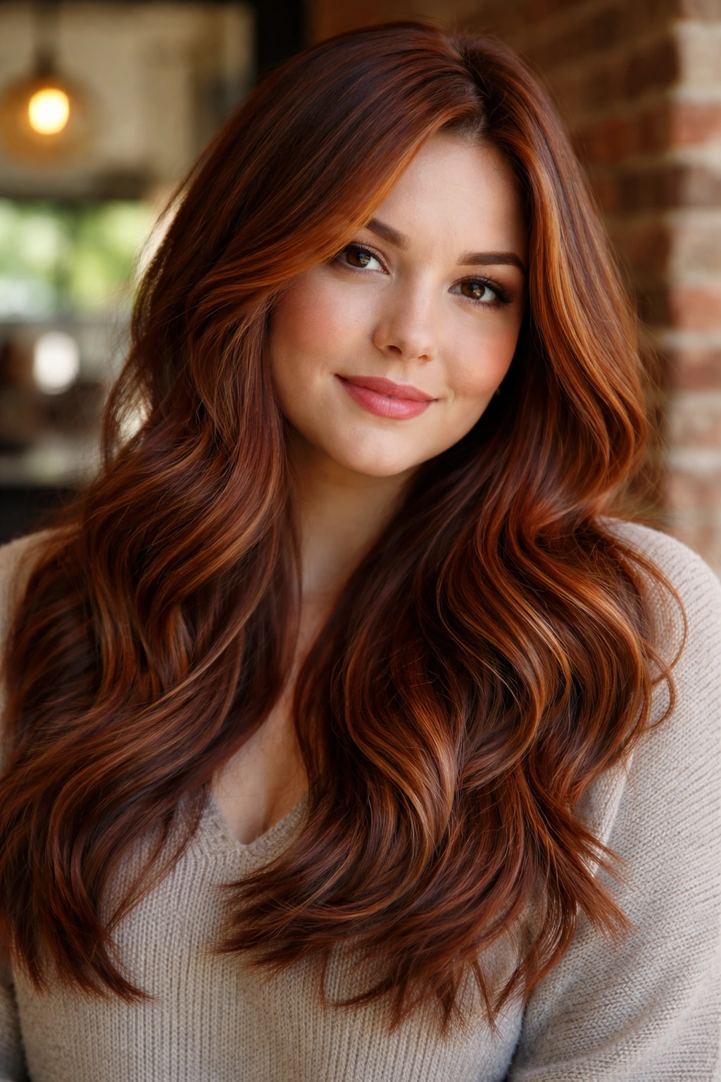 Close-up of a real person with caramel-red and golden caramel tones in hair in cafe daylight
