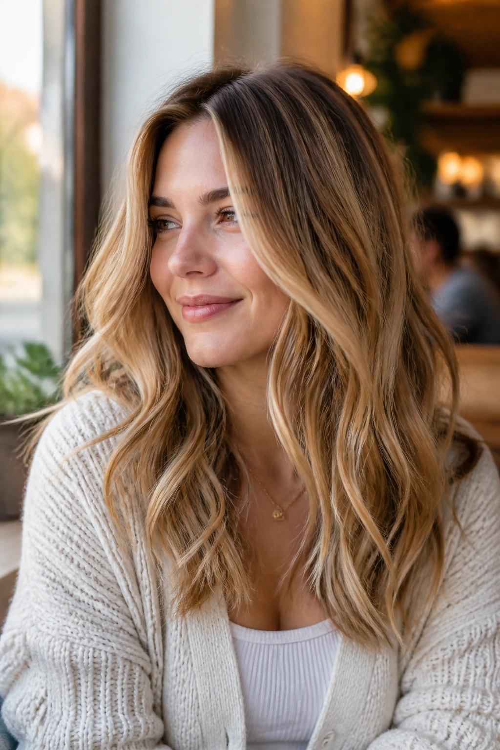 Real person with caramel ribbons through blonde and smoky root in a warm setting