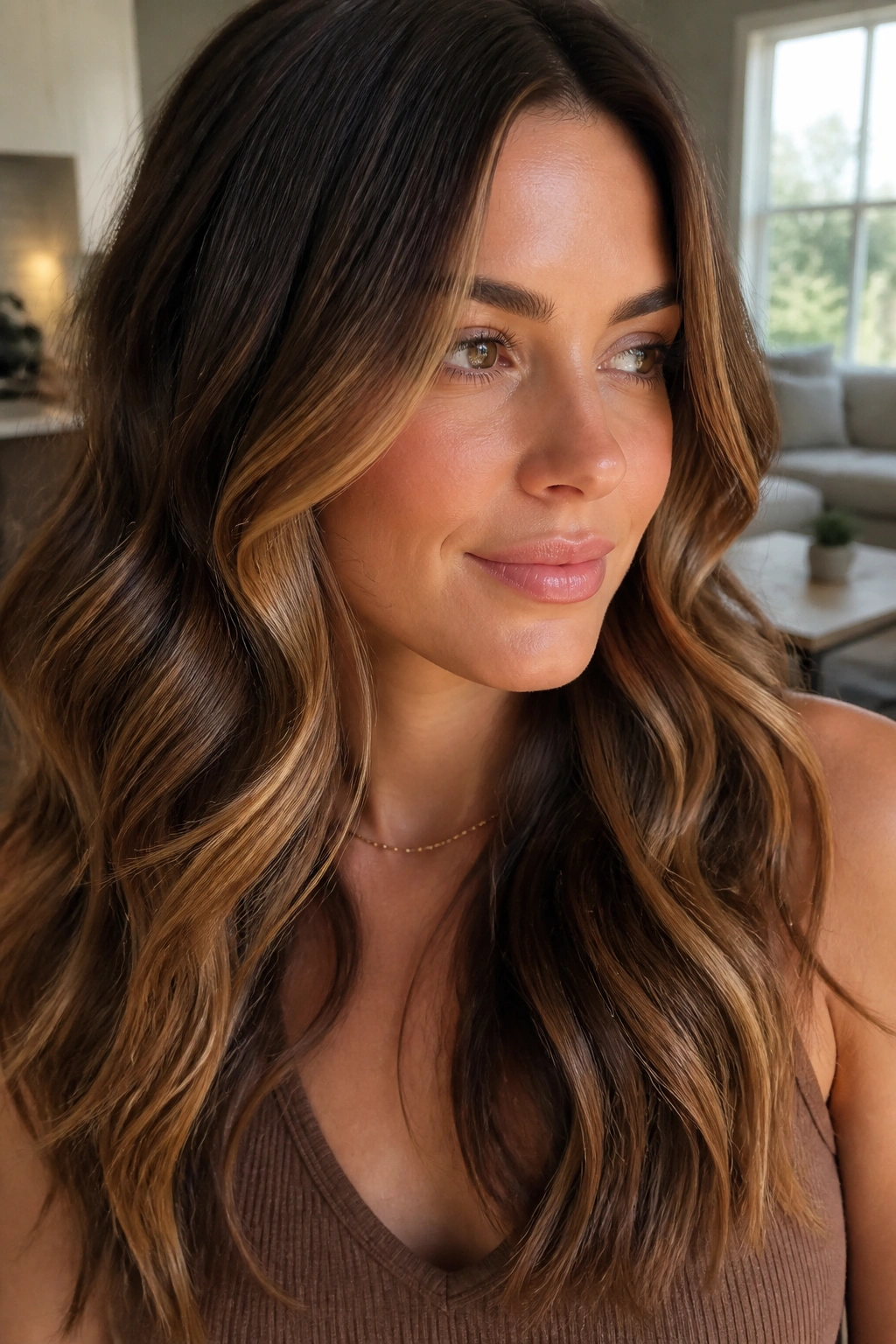 Close-up portrait of a real woman showing caramel ribbons in medium-brown balayage with soft waves.
