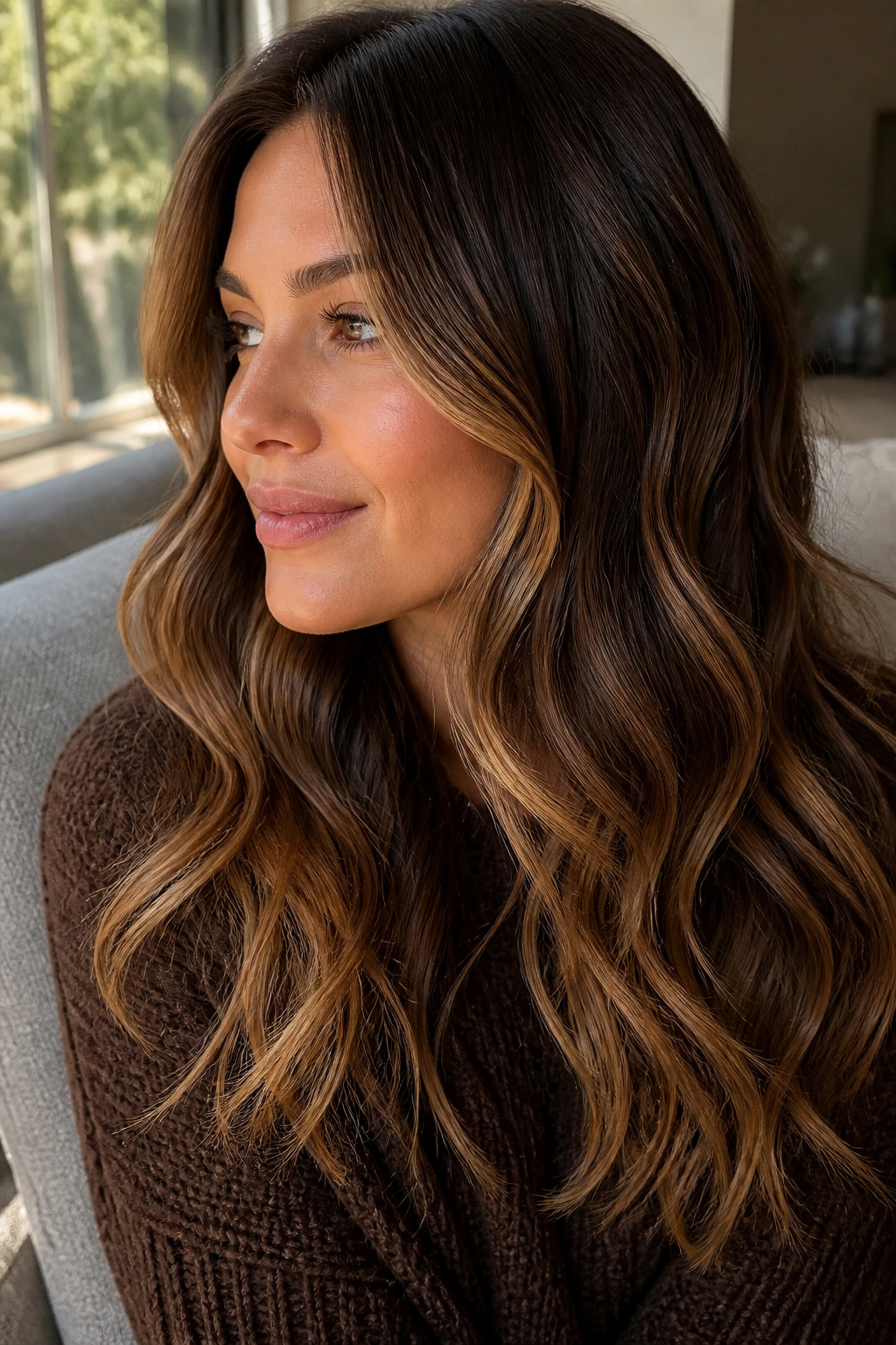 Close-up of a real woman with caramel ribbon brunette hair showing subtle balayage ribbons