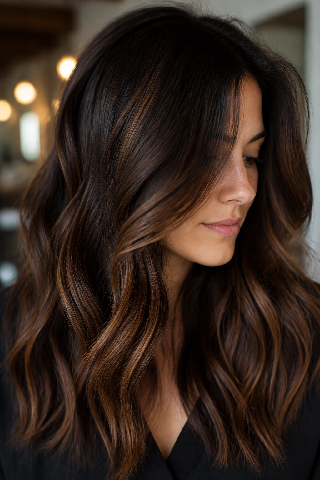 Close-up of espresso brown hair with caramel ribbons