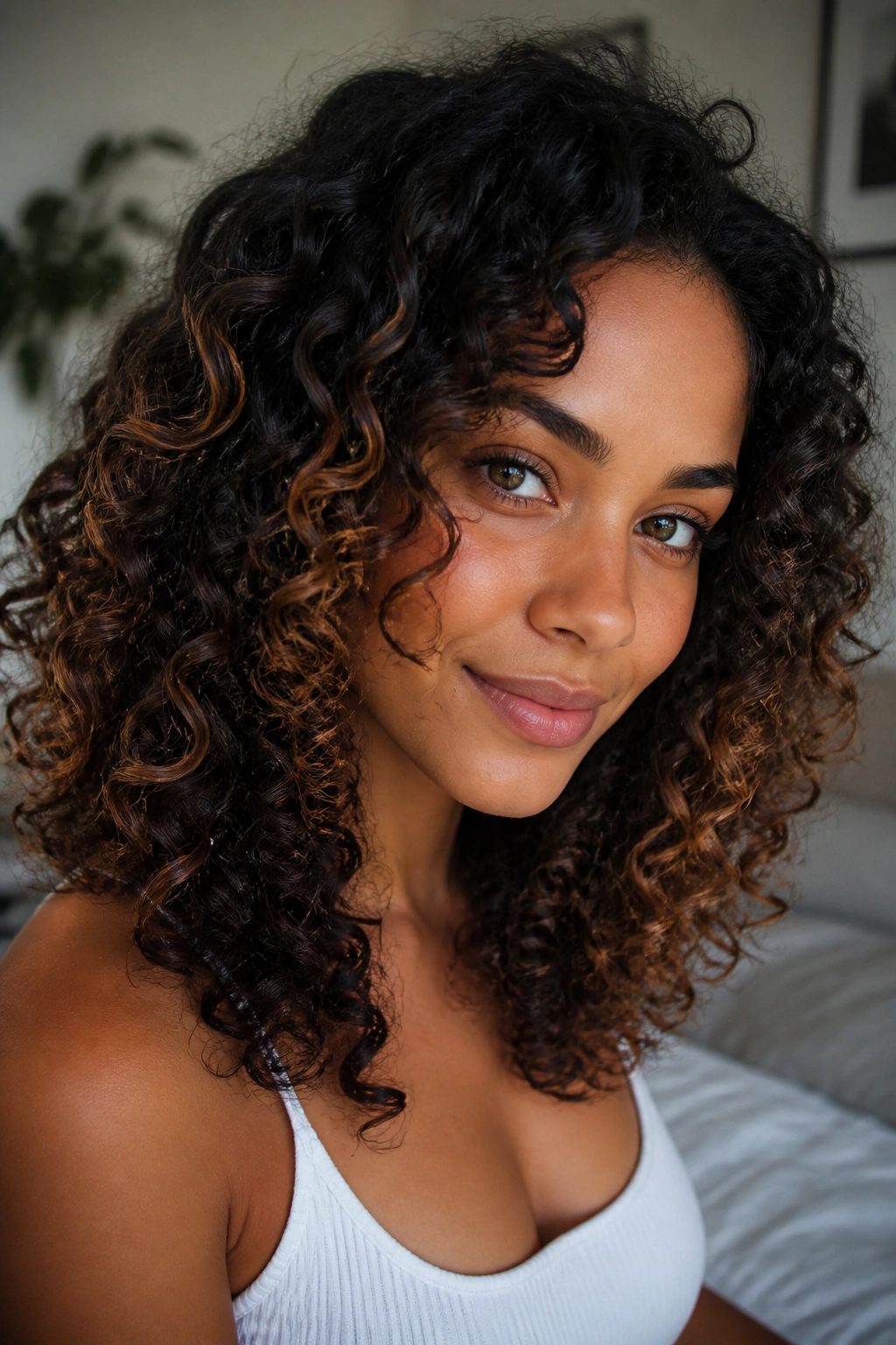 Close-up of a real woman with dark curls featuring a caramel ribbon ombre