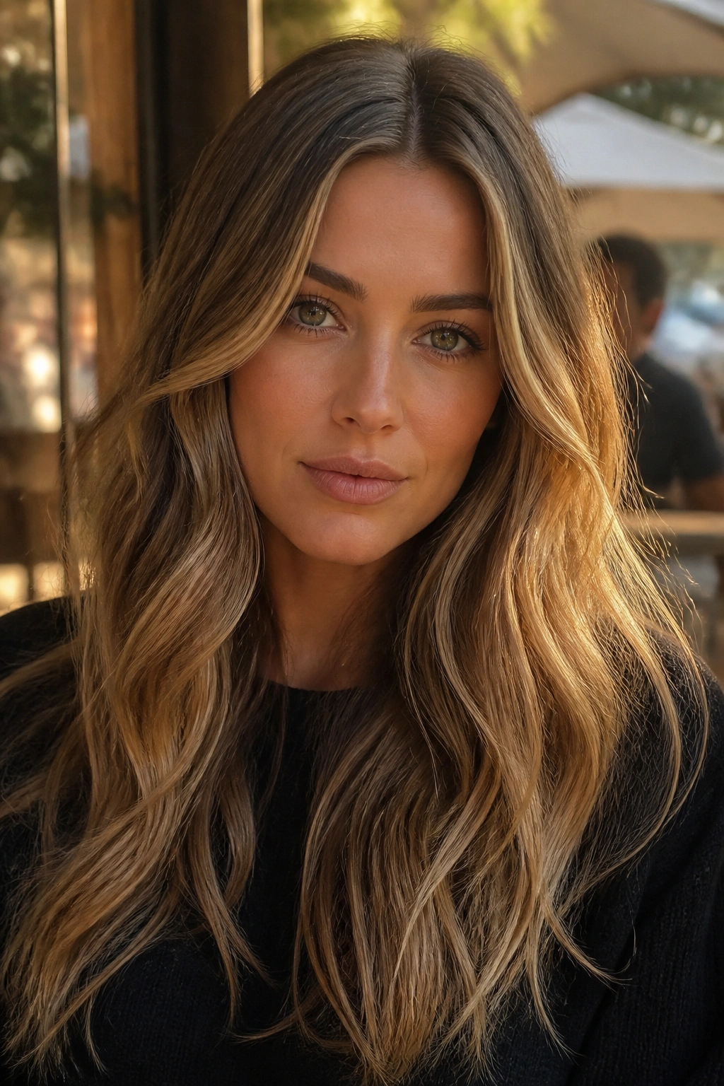 Woman with caramel ribbons ombre in long dark blonde hair