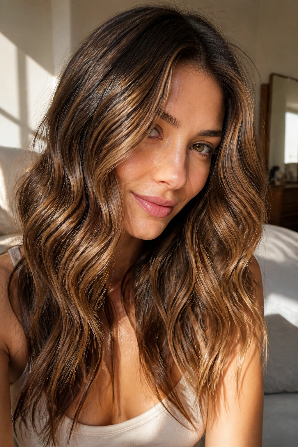 Close-up of brunette woman with caramel ribbon ombre and wavy hair by a sunlit window