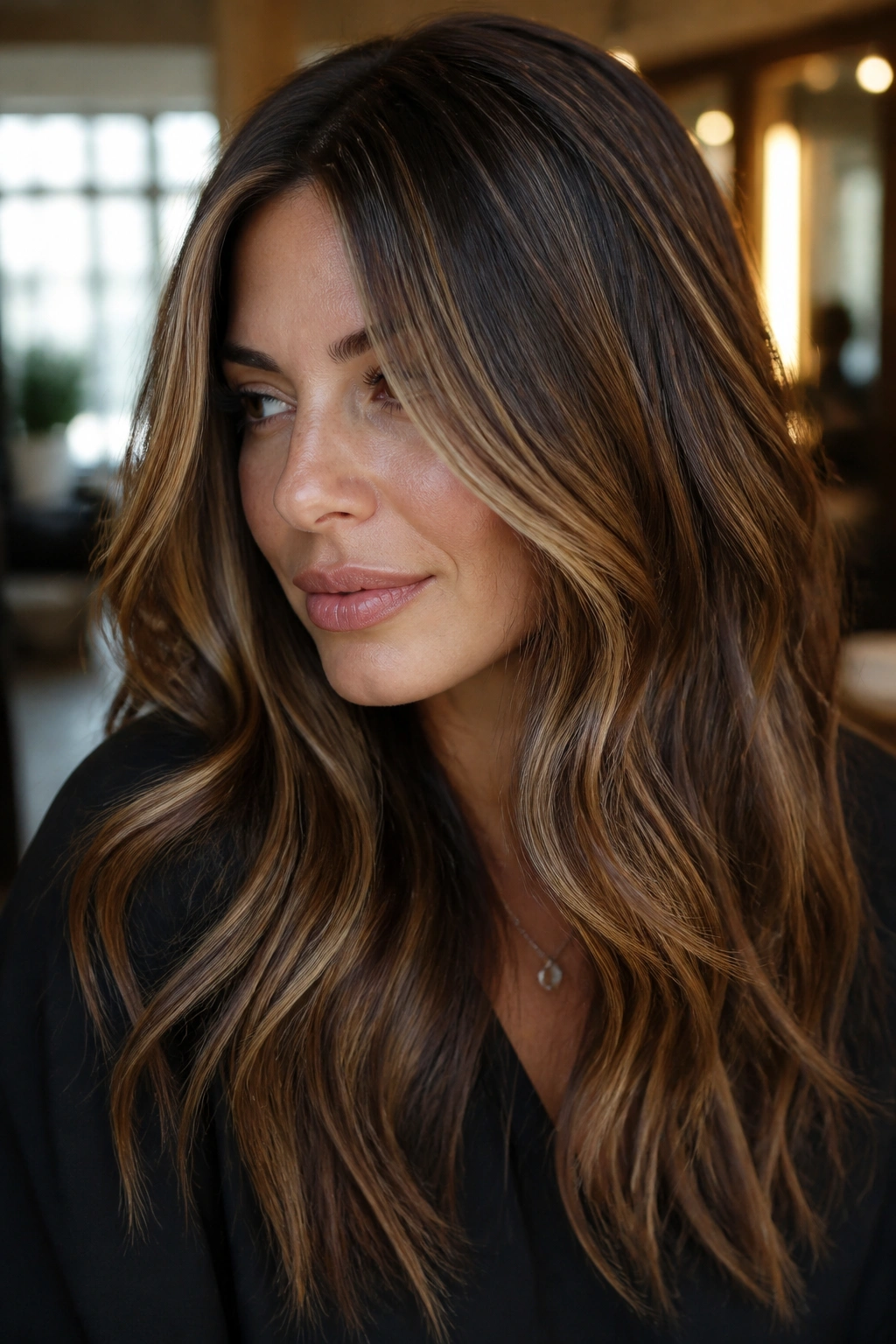 Close-up of a real woman's hair with caramel ribbons through medium brown lengths, soft waves.