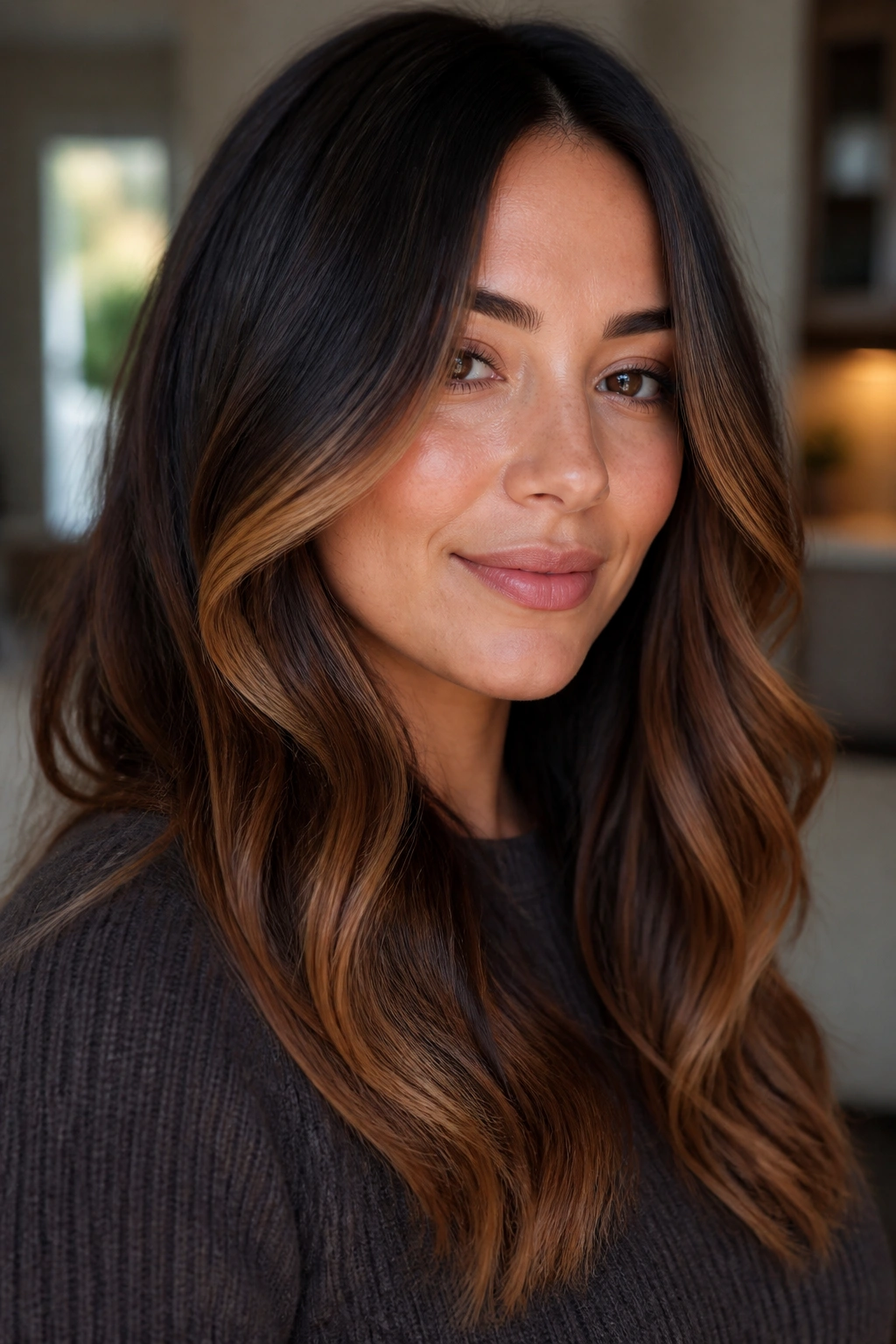 Close-up portrait of a brunette with caramel ribbons starting below the cheekbone