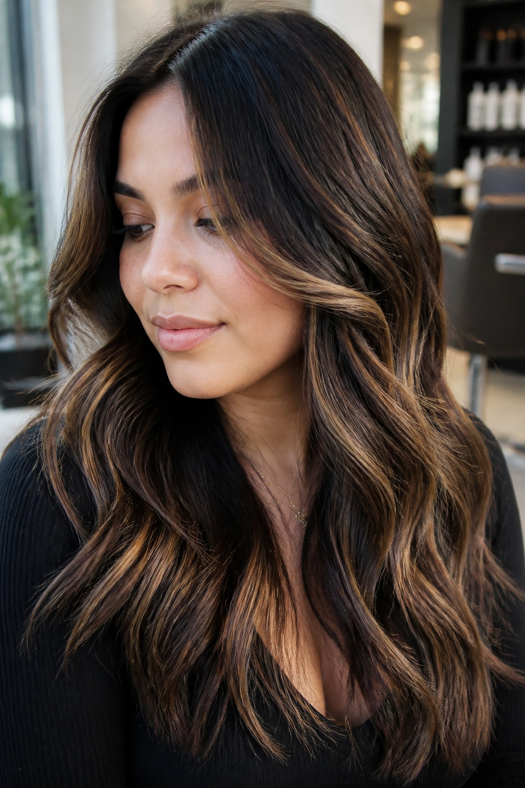 Close-up of a real woman's black hair with Bronde-Lean caramel ribbons