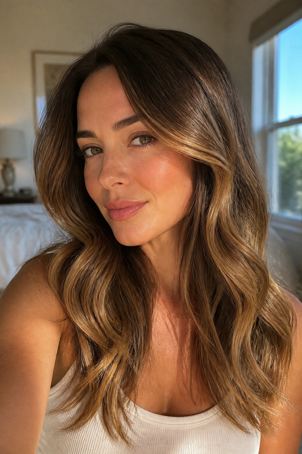 Close-up of a real woman's brown hair with soft caramel ribbons in midlengths, warm natural light.