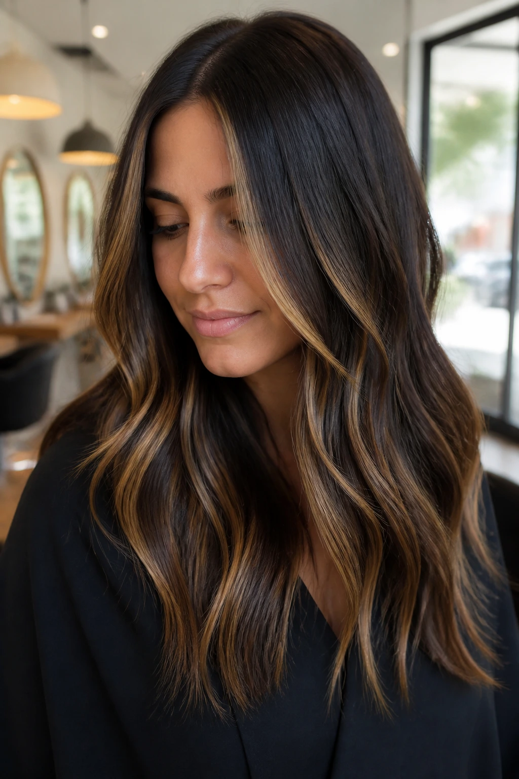 Close-up of a real woman with caramel ribbons woven into dark brunette hair