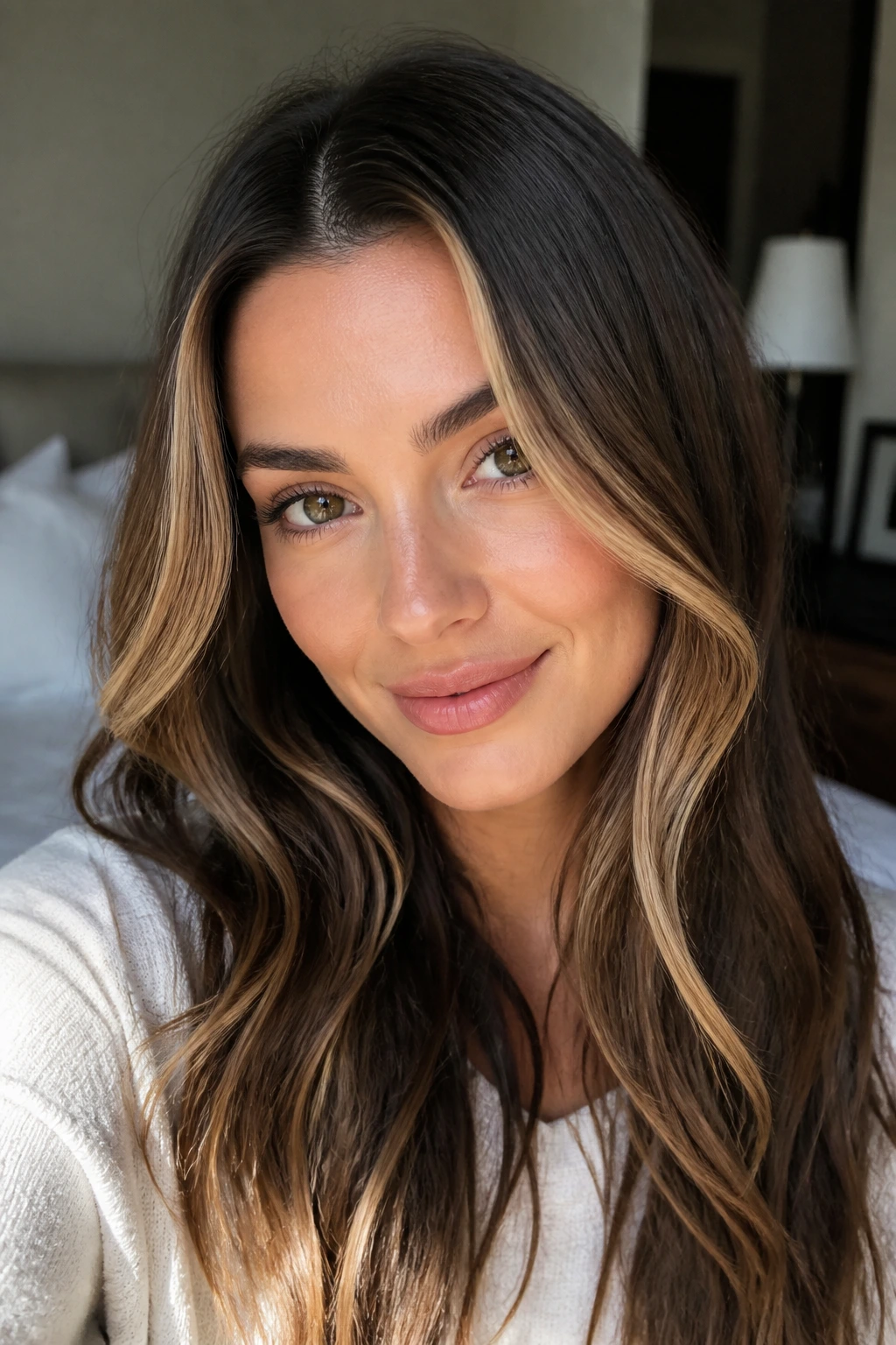 Close-up of brunette with soft caramel ribbons framing the face