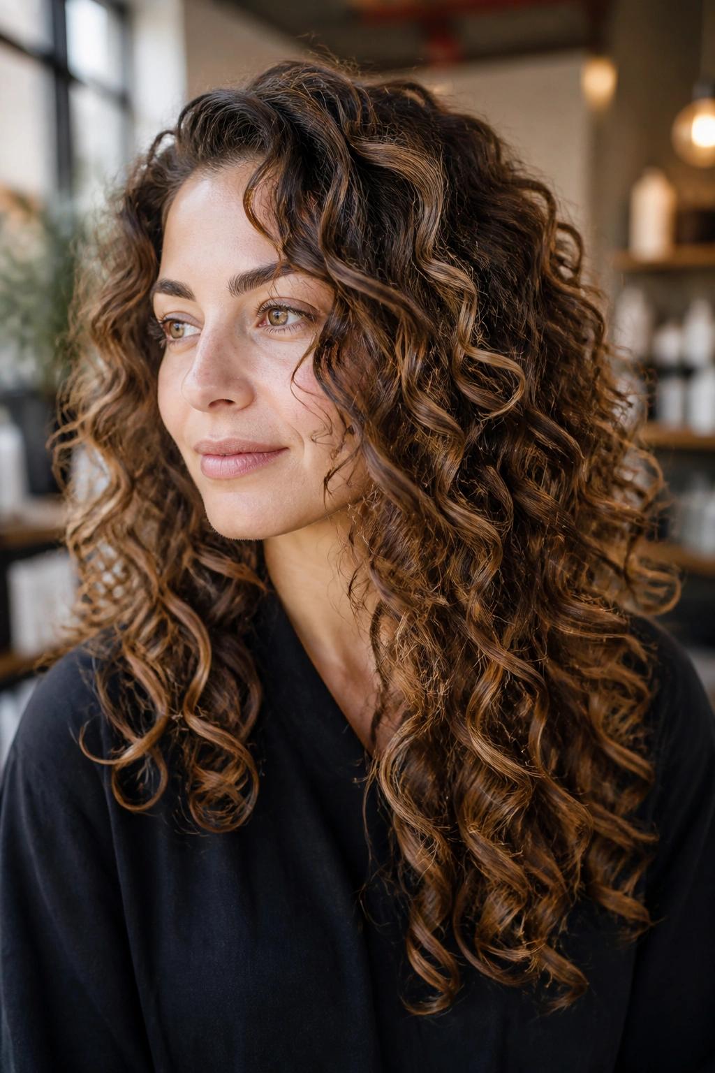 Close-up of curly brunette with caramel ribbons woven into curls