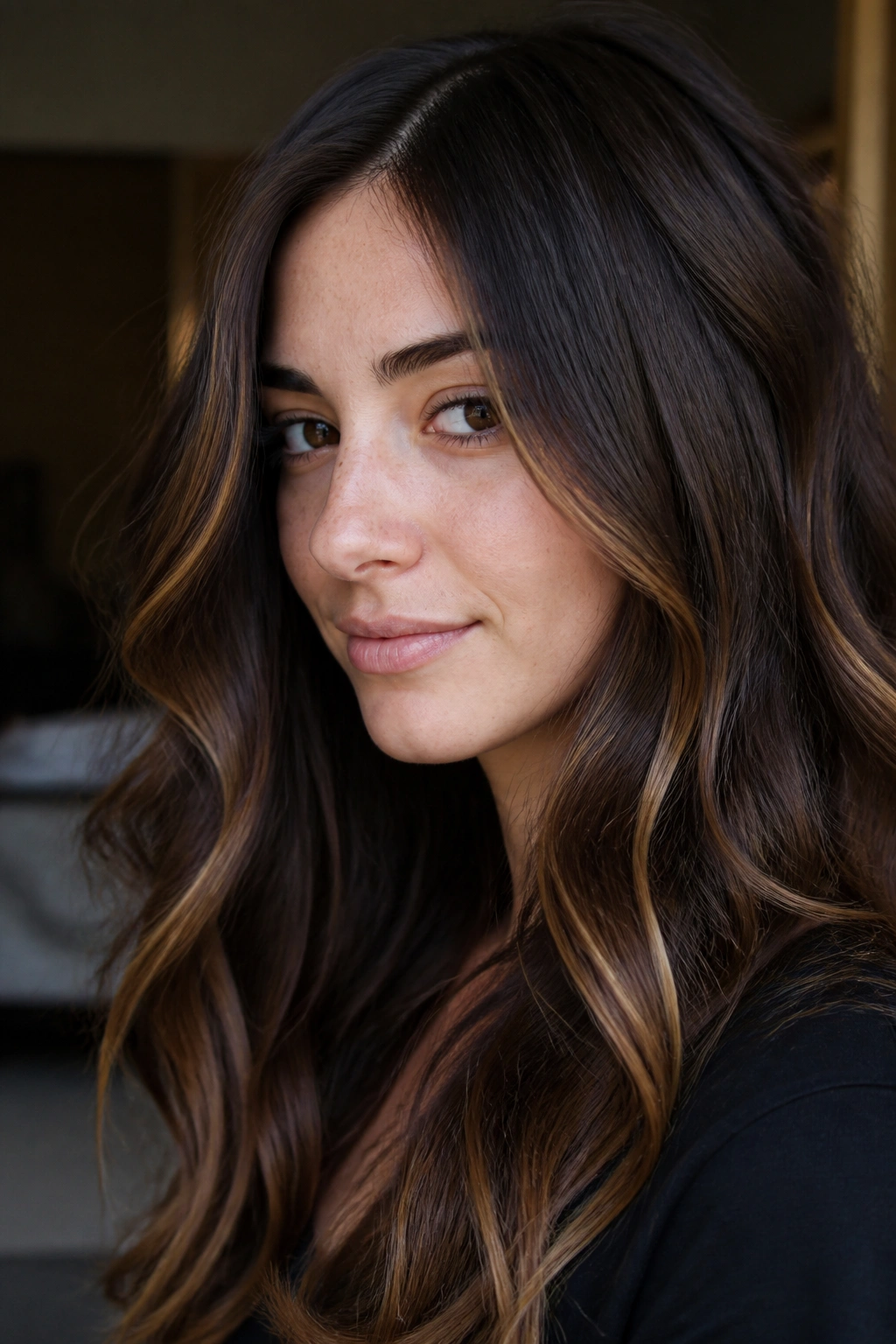 Close-up portrait of a woman with dark brown hair featuring caramel ribbons and warm lighting.