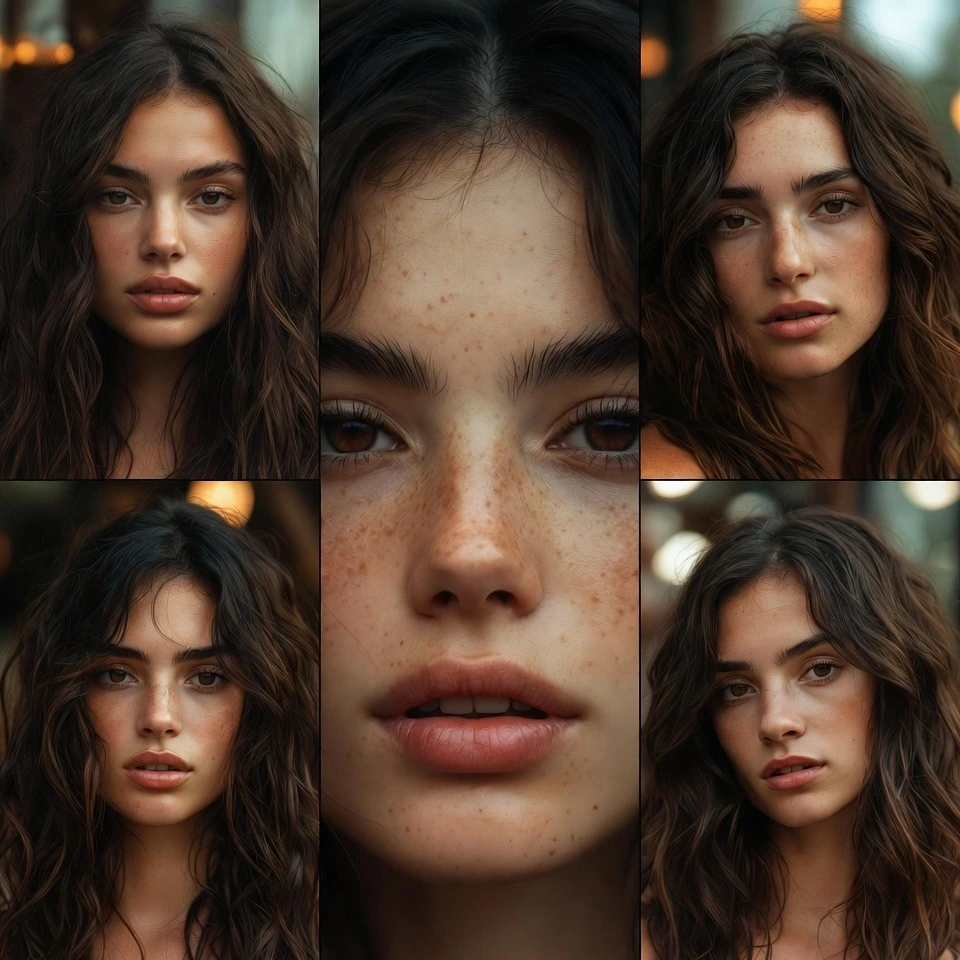 Close-up of brunette with caramel ribbons on espresso brown hair in warm salon light