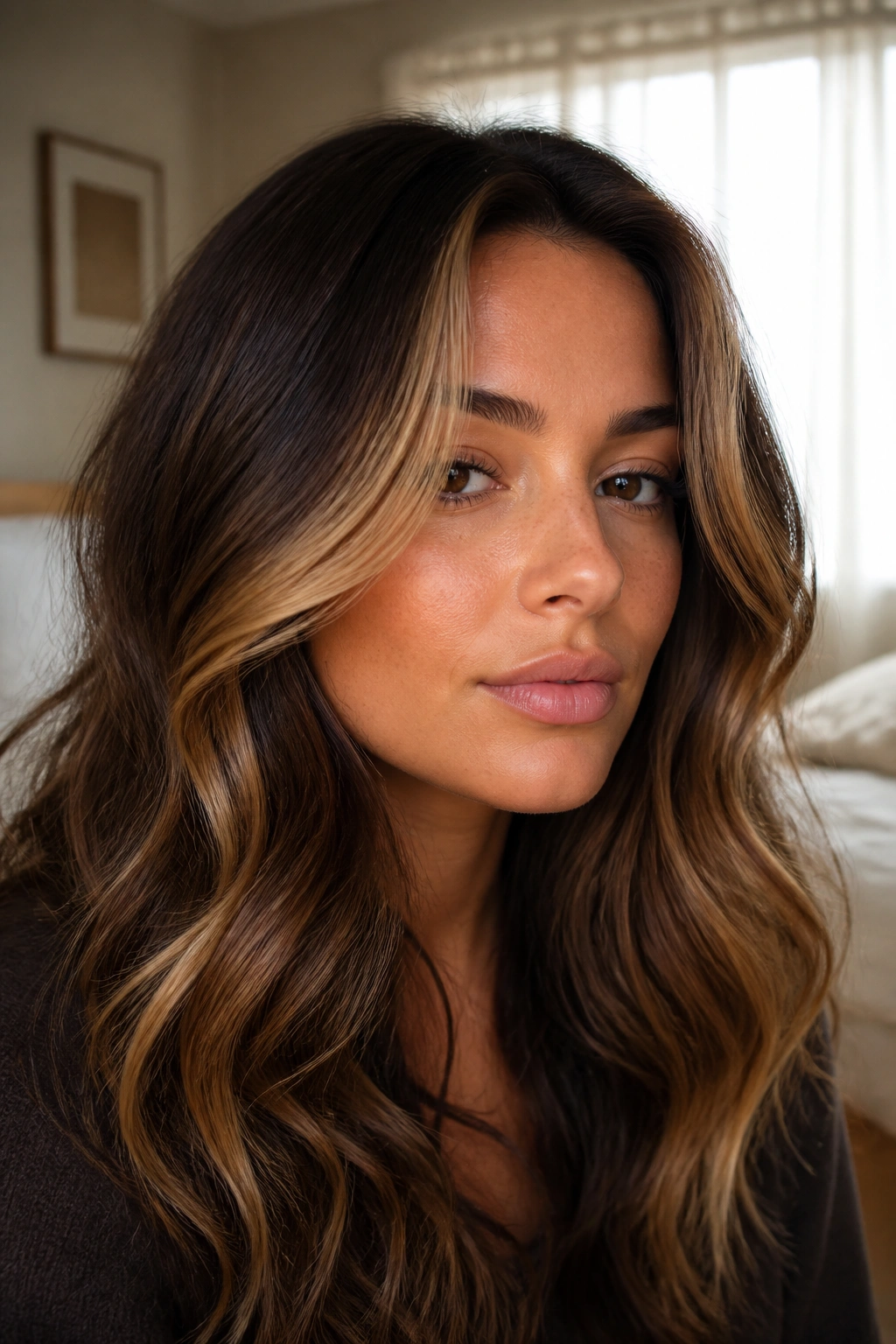 Close-up of a real woman's face with soft caramel ribbons framing the hairline.