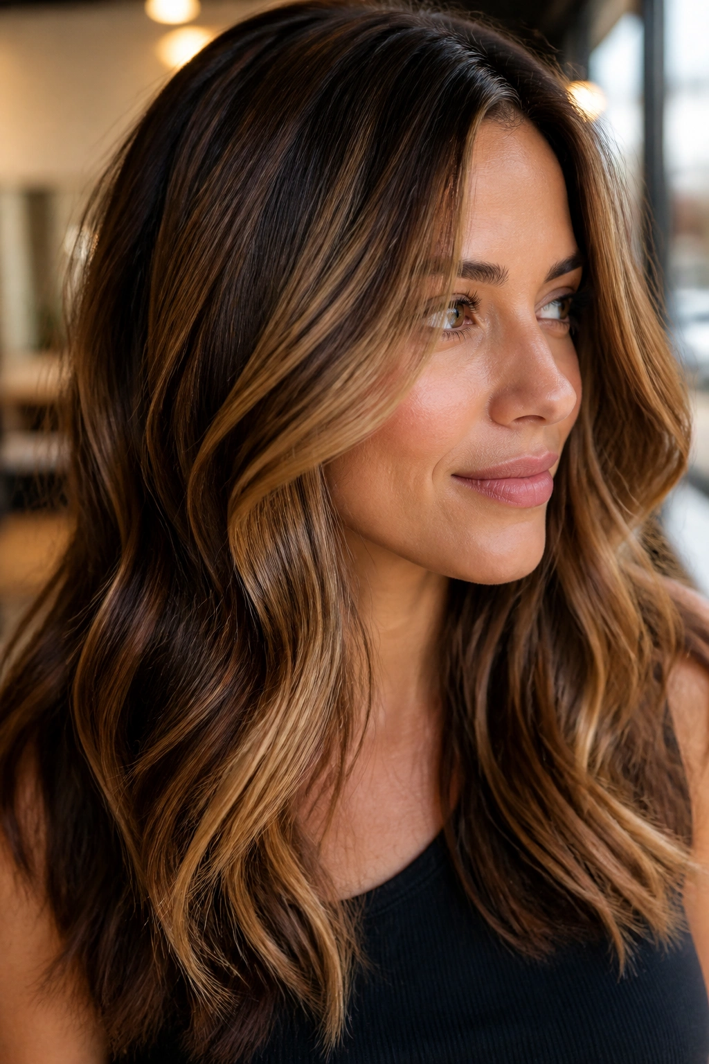 Close-up of a real person's hair with caramel ribbon highlights around the face