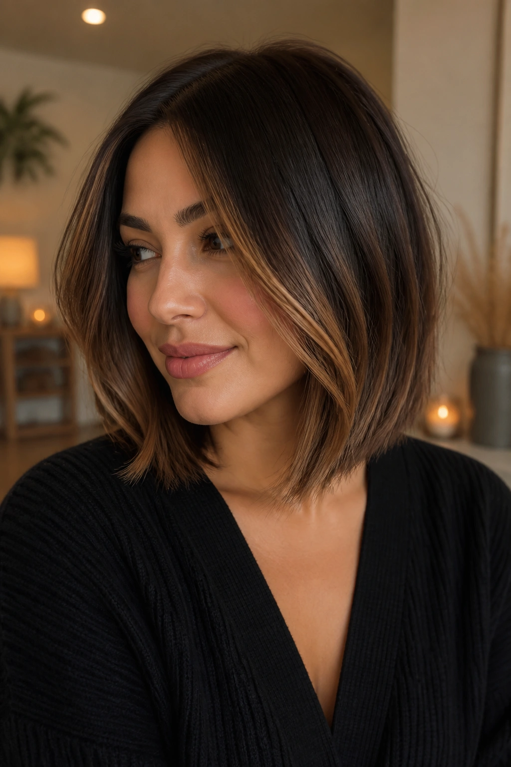 Close-up of a woman with deep brown lob and caramel ribbons framing the front.