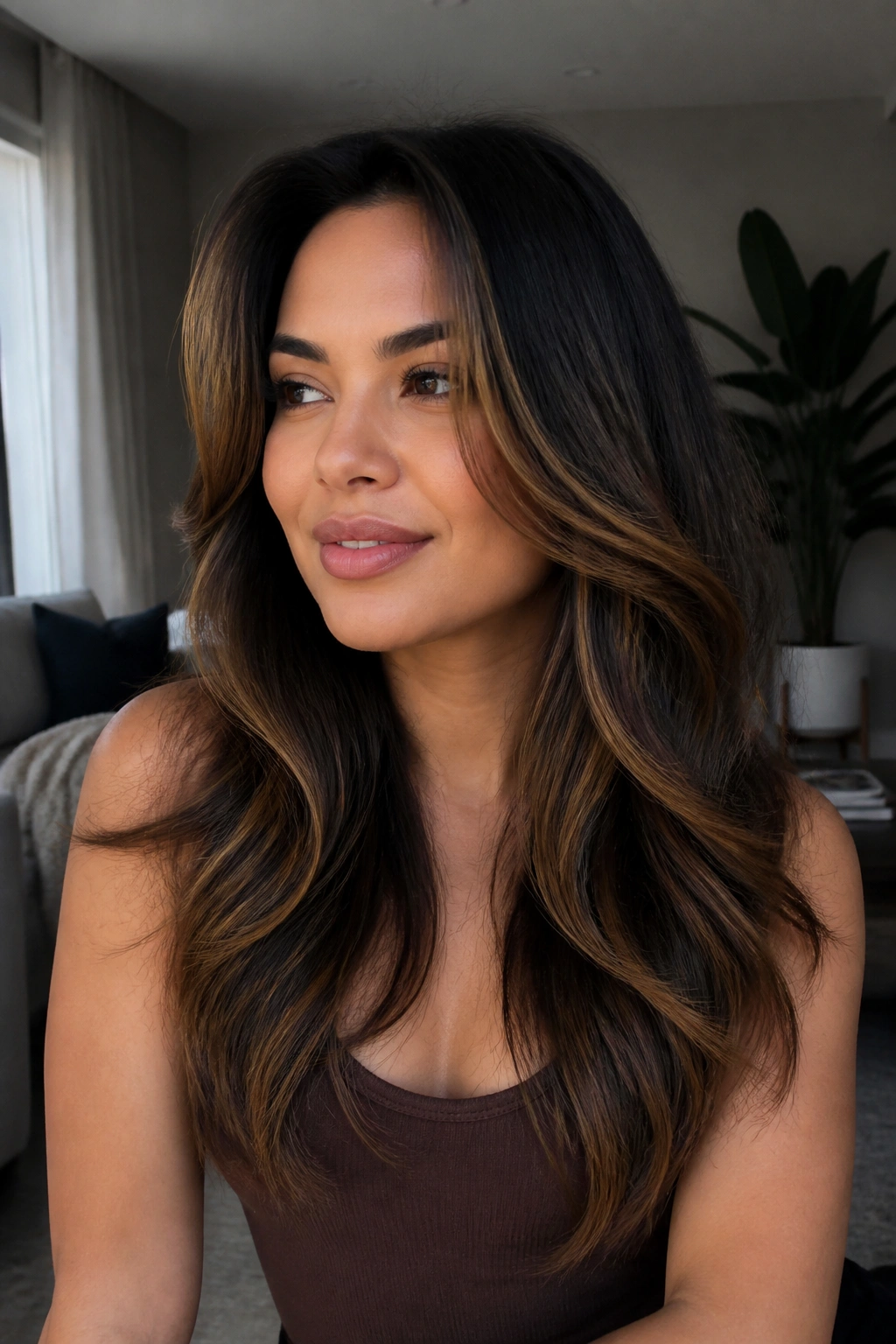 Real woman with mid-length caramel ribbons following long layers, natural light.