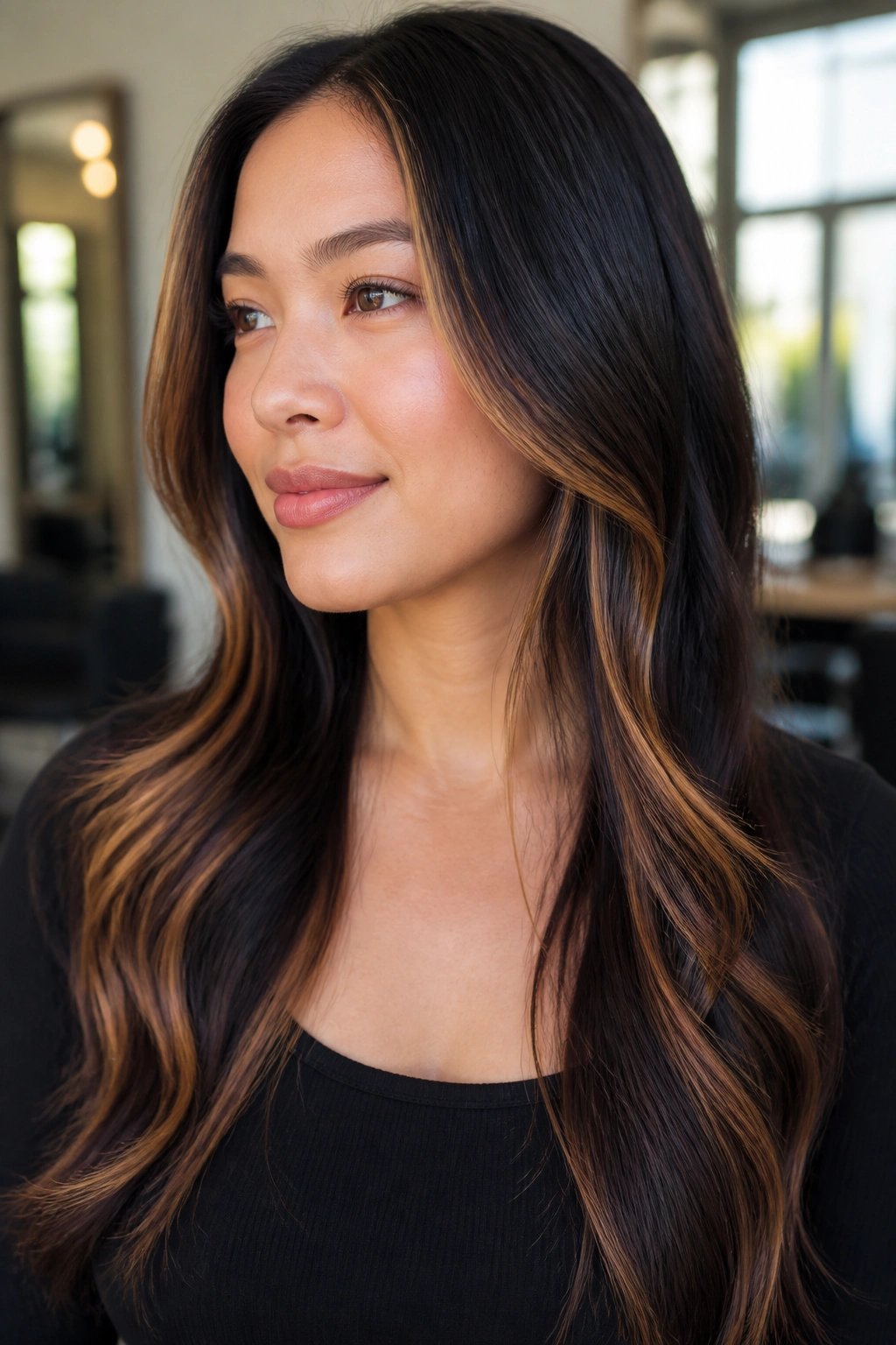 Close-up of a real woman with long caramel ribbons starting below the cheekbone in window-lit salon lighting