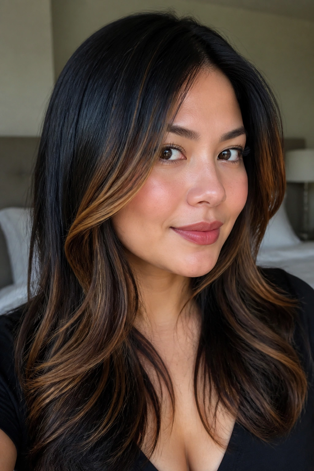 Close-up of a real woman with soft caramel ribbons framing cheeks to elongate a round face, warm window light.