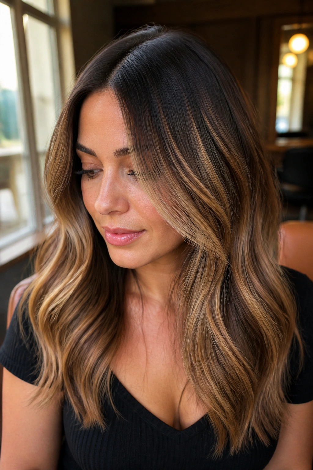 Close-up of a real woman's hair showing a seamless caramel root melt from dark roots to caramel mid-lengths.