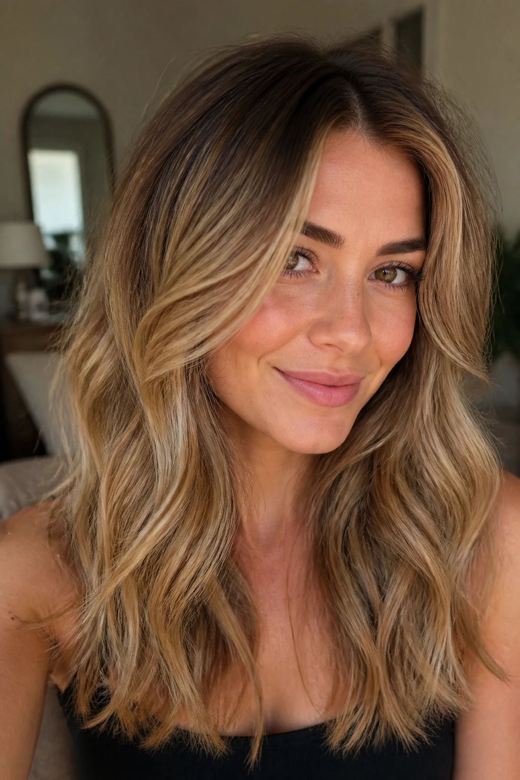 Close-up of caramel roots melting into honey blonde lengths on a real woman