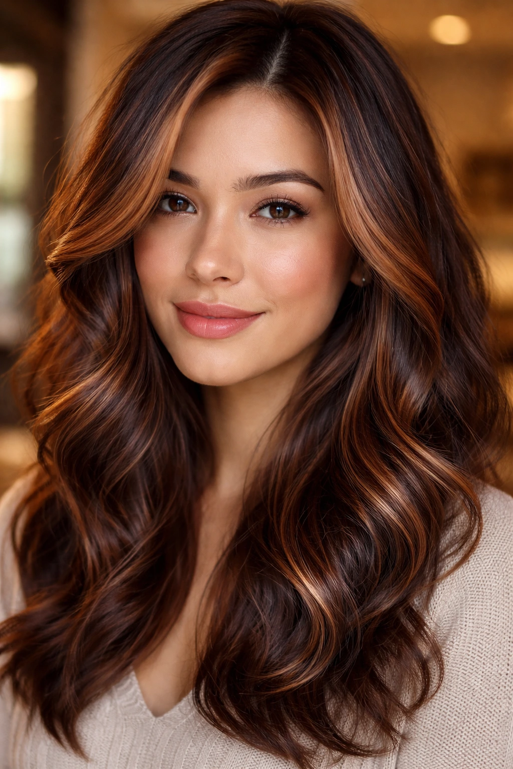 Medium-dark brown hair with caramel-rose highlights and soft lowlights