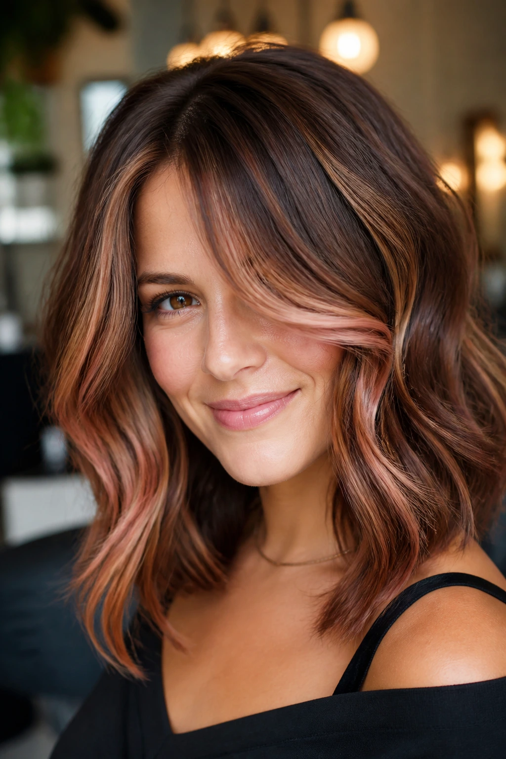 Close-up portrait of Caramel-Rose Ribbon Highlights on Medium Brunette Hair