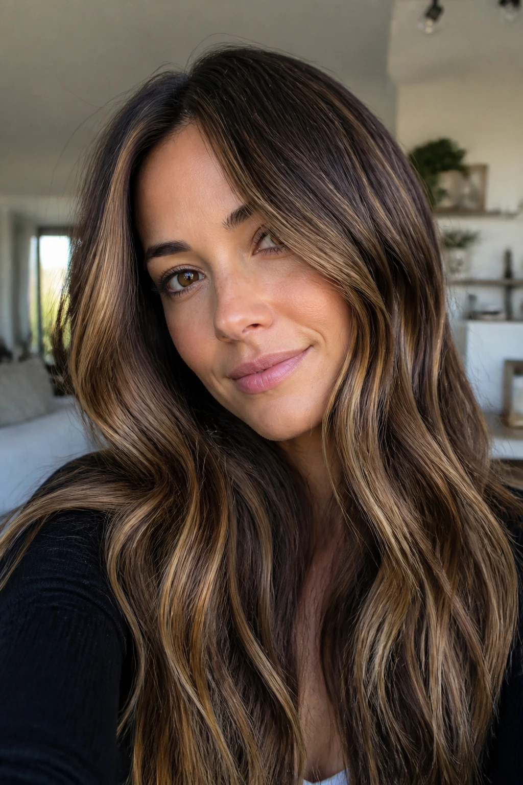 Close-up of brunette hair showing caramel shadow pieces in a soft, brown glow.
