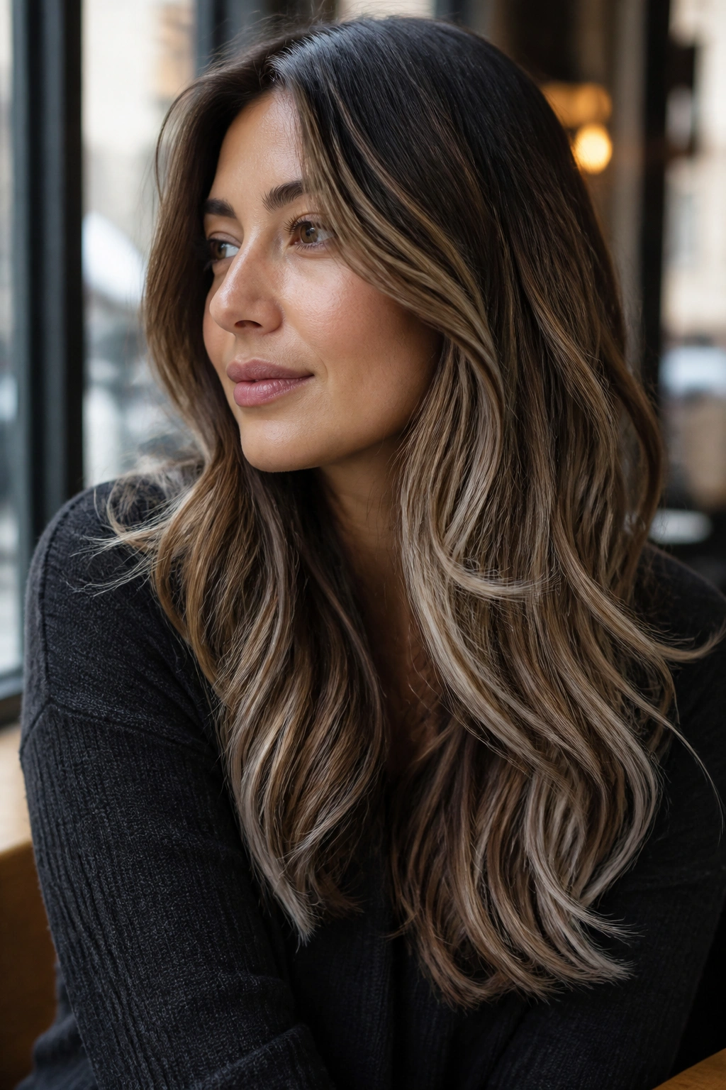 Portrait of a woman with warm brown hair featuring caramel and silver blend highlights
