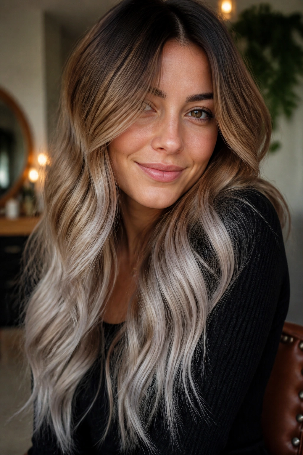 Caramel-to-silver ends on brown hair.