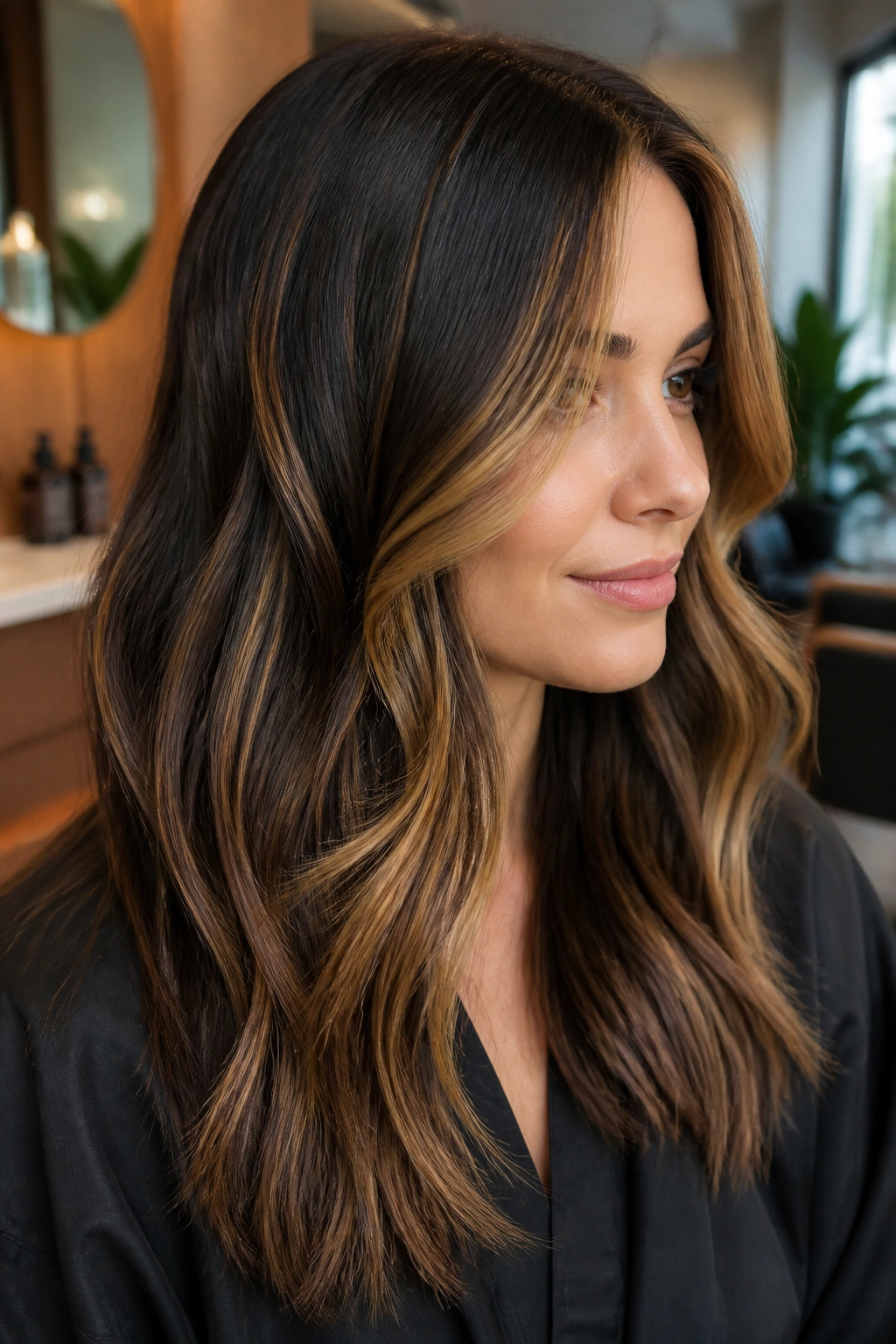 Close-up of dark brunette hair with bold caramel slices framing the face.