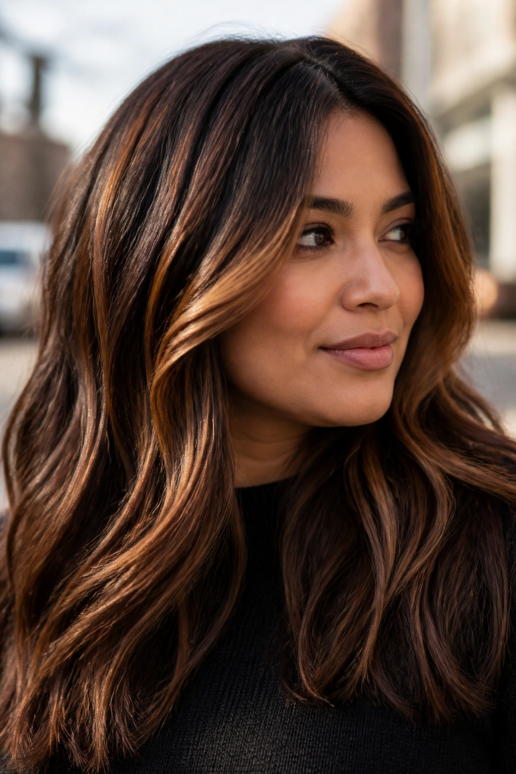 Portrait of a person with thick hair showing caramel-tinged chocolate slices starting near the temples.