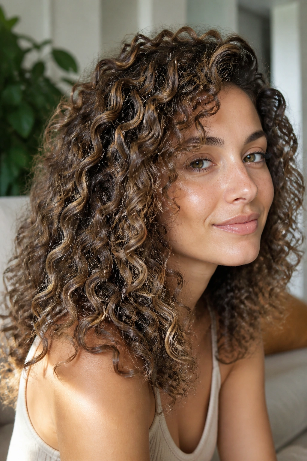 Close-up of a real woman with caramel smoke balayage on curly hair