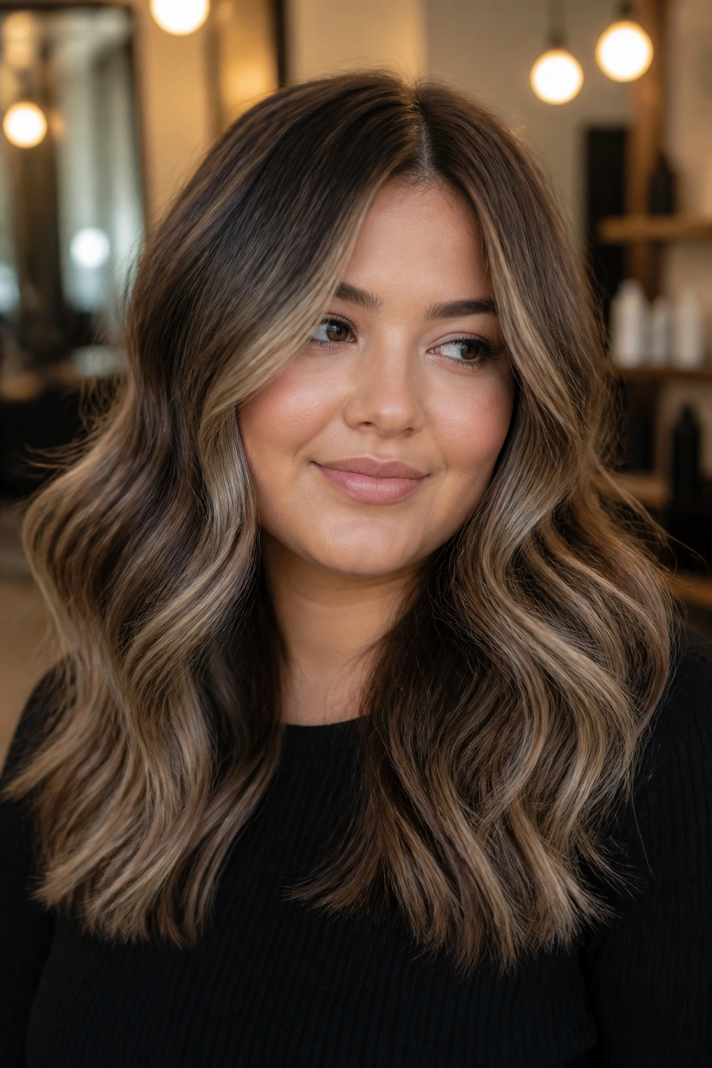 Close-up of caramel-smoky blend with ash lowlights in brown hair
